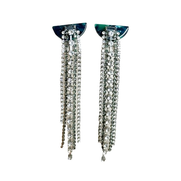 Art Deco Style Rhinestone Fringe Long Green Marbled Acrylic Earrings - Picture 2 of 7